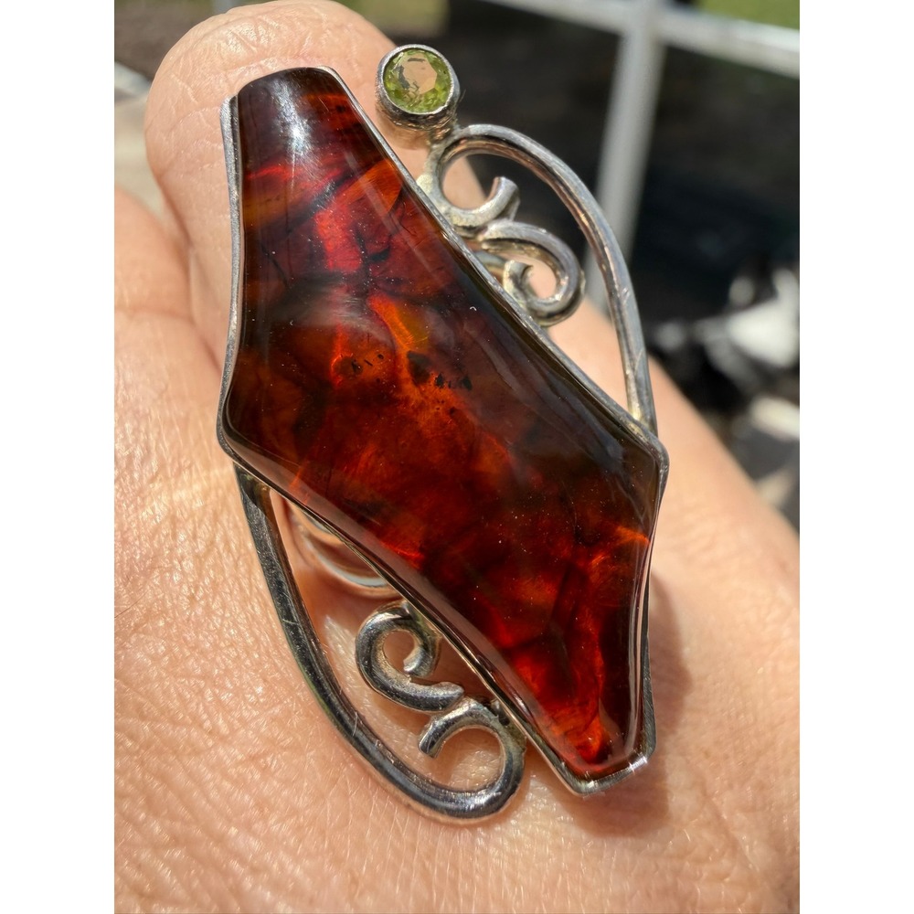 DRT‎ 925 Sterling Silver Amber and Peridot Shield Statement Ring Size 5.75 - Picture 4 of 14